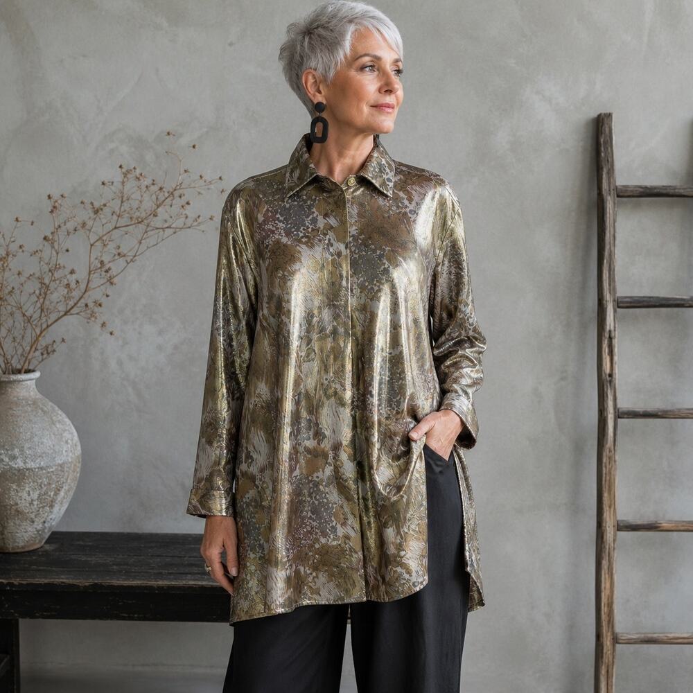 Vintage Notations Gold Micro Mesh Button Long Sleeve Top 10